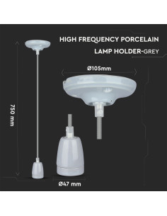 V-TAC Пендел Порцеланова Фасунга E27 Сив - 3808 - Цена | LEDs4economy