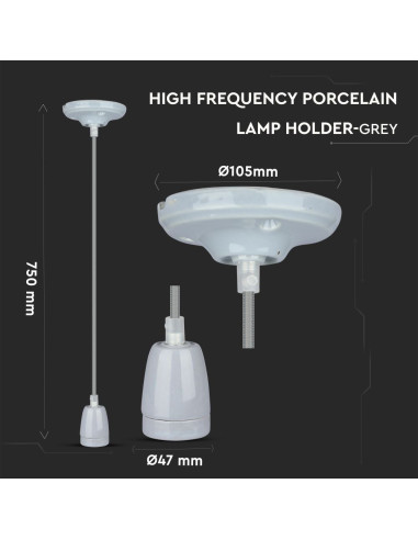 V-TAC Пендел Порцеланова Фасунга E27 Сив - 3808 | Leds4e