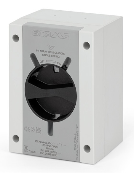 Пакетен прекъсвач D2 20A 2P I-0 в кутия 110x150x87mm IP66 Isolators PV1 1000V Scame