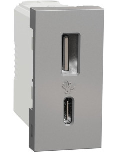 SE Розетка 2хUSB за зареждане тип A+C 2.4A 12W 1 мод. цвят Алуминий Unica - NU301630 - Цена | LEDs4economy