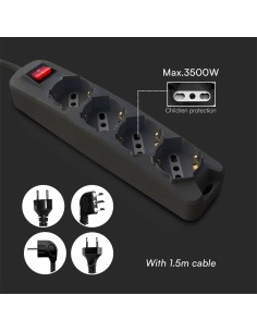 V-TAC 1.5M EXTENSION SOCKET W/ 1 SWITCH (POLYBAG+CARD) 4 PIN - Black - 87111 - Цена | LEDs4economy 2